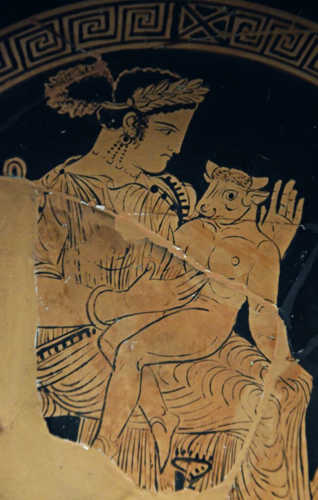 Pasiphaë und Asterios auf einer Trinkschale 4. Jh. BC. Der historische Kriminalroman "Der Prinz im Labyrinth" erzählt die Geschichte der beiden neu.