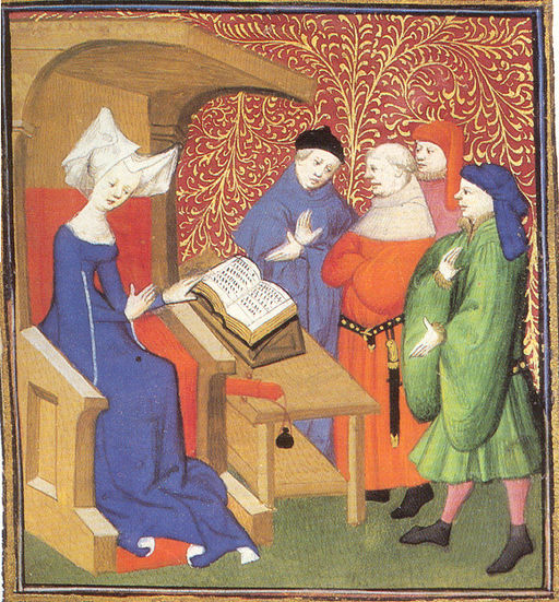 Christine de Pizan liest vor einer Männergruppe (1413).