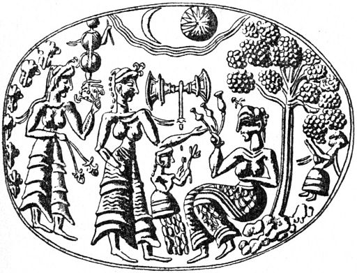 Zeichnung eines Motivs von einem Goldring aus Mykene mit einer Doppelaxt