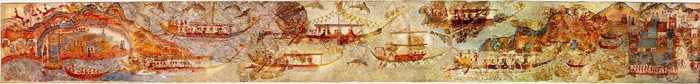 Fresken von Akrotiri: Schiffsfresko mit zwei bebauten Landmassen, dazwischen das Meer mit Schiffen und Delfinen