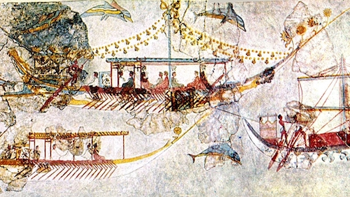 Schiffsfresko Akrotiri Detail mit "Hauptschiff" und Segelschiff mit Rahsegel