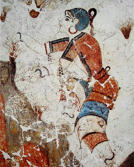 Minoische Kultur, Fresko aus Akrotiri aus einem "Adyton": Eine Person (Frau?) pflückt etwas, wahrscheinlich erntet sie Safran.