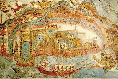 Fresken von Akrotiri: Detail vom Schiffsfresko mit Landmasse, Siedlung, abfahrendem Schiff, einem Löwen und Hirschen