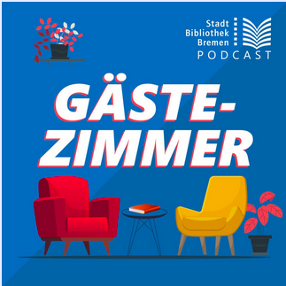 Logo Gästezimmer der Stadtbibliothek Bremen: zwei Sessel mit Zimmerpflanze und Beistelltisch