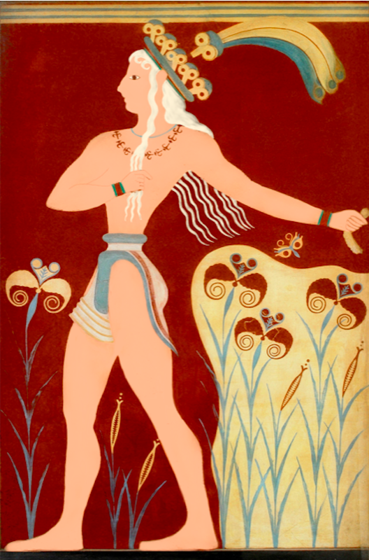 Bearbeitetes Bild (Farbaustausch) des sog. Lilienprinz, minoisches Fresko aus Knossos, Romanfiguren-Vorlage für Asterion, den Minotaurus