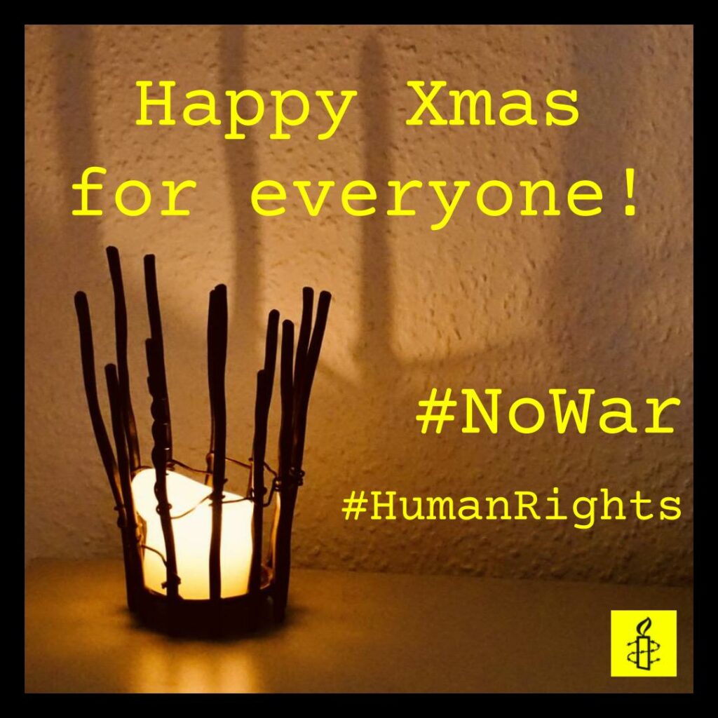 Instagram-Beitrag von Amnesty Bordeaux mit Kerze und Text: Happy Xmas for everyone! #NoWar #HumanRights