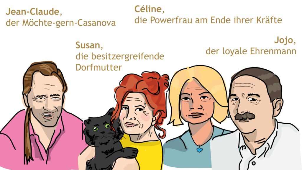 Hauptfiguren aus Band 1 (Rache, Rosen und Rosé): Jean-Claude, Susan, Céline und Jojo