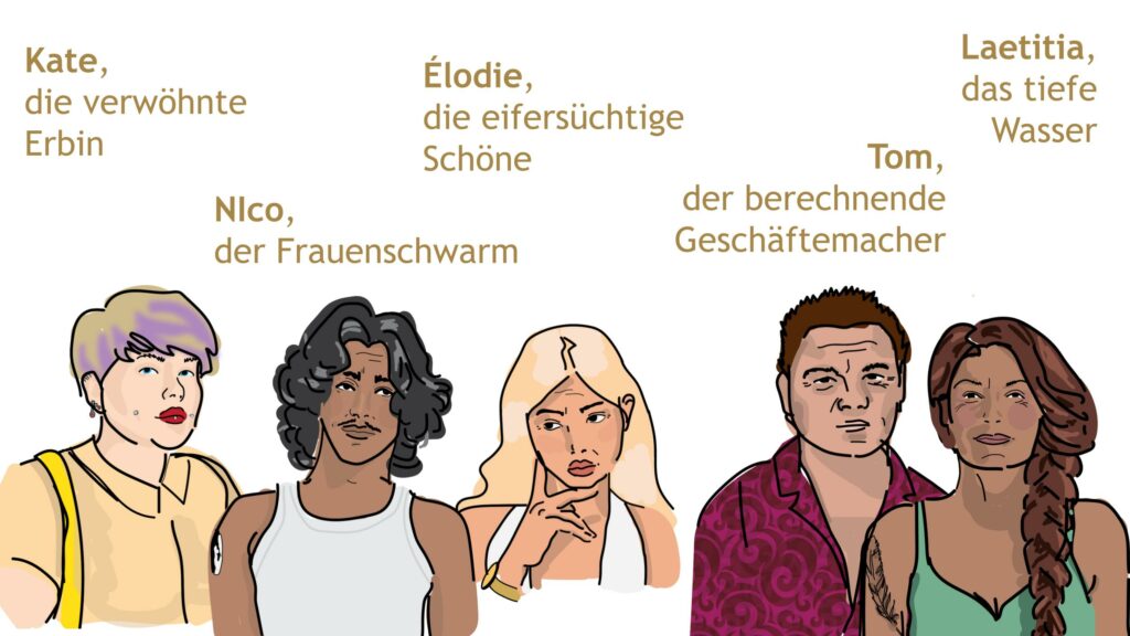 Nebenfiguren aus Band 1: Rache, Rosen und Rosé. Kate, Nico, Élodie, Tom und Laetitia
