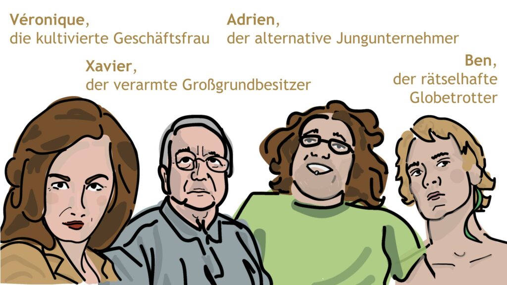 Die Figuren, die im zweiten Band (Amour, Affären und Antikes) neu hinzukommen: Véronique, Xavier, Adrien und Ben 