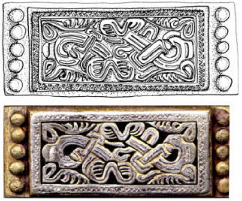 Eine Waffenholster-Verzierung aus einem germanischen Grab; die Abbildung stammt aus dem Forschungsartikel Antiquity Vol 83 Issue 319 March 2009: Lombards on the Middle Danube: a new Migration Period cemetery in Bratislava-Rusovce, Slovakia.